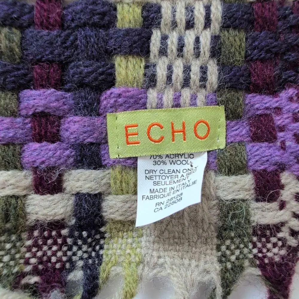 ECHO‎ Scarf Italian Knit Woven Plaid Purple Tan Gray Green Fringe - Wool Blend